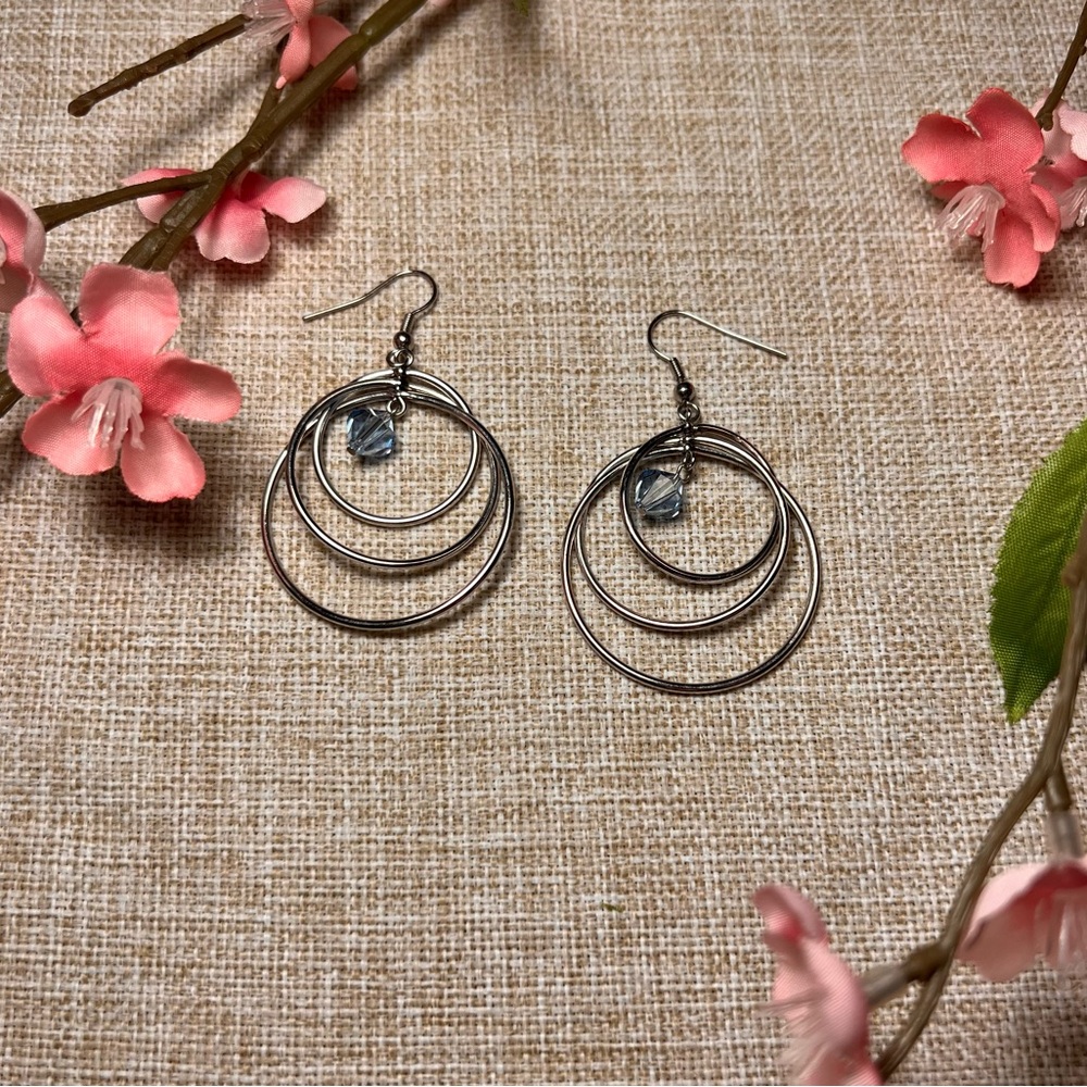 Classic Silver Triple Hoop Dangle Earrings with Small Blue Diamonds
